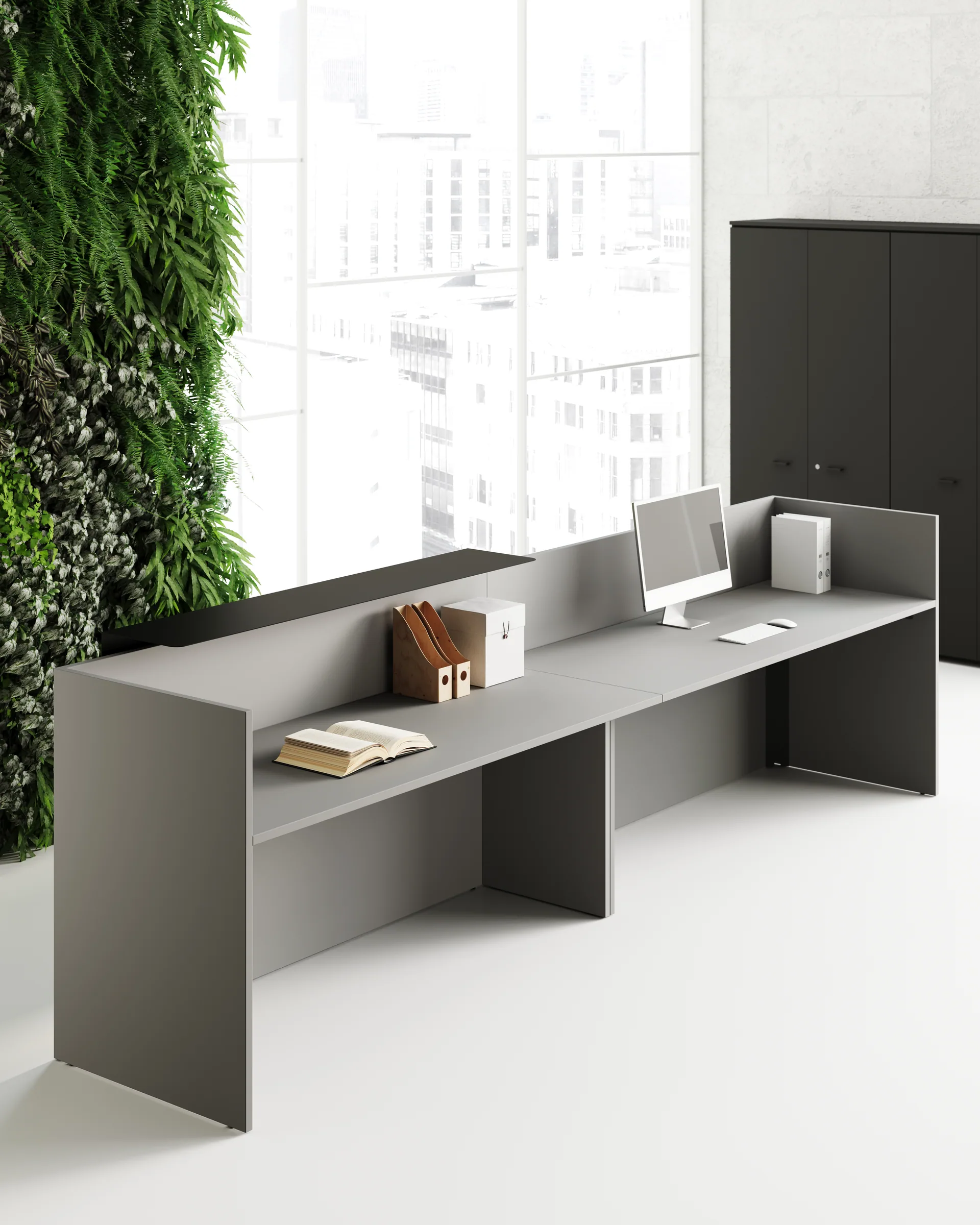 Bancone reception Dot grigio a due postazioni, con piano di appoggio alto e ripiano interno